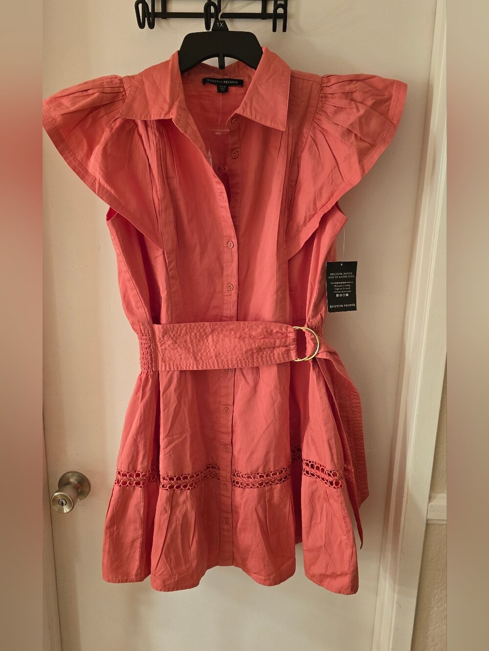 Boston Proper Coral Button-Front Mini Dress with Belt